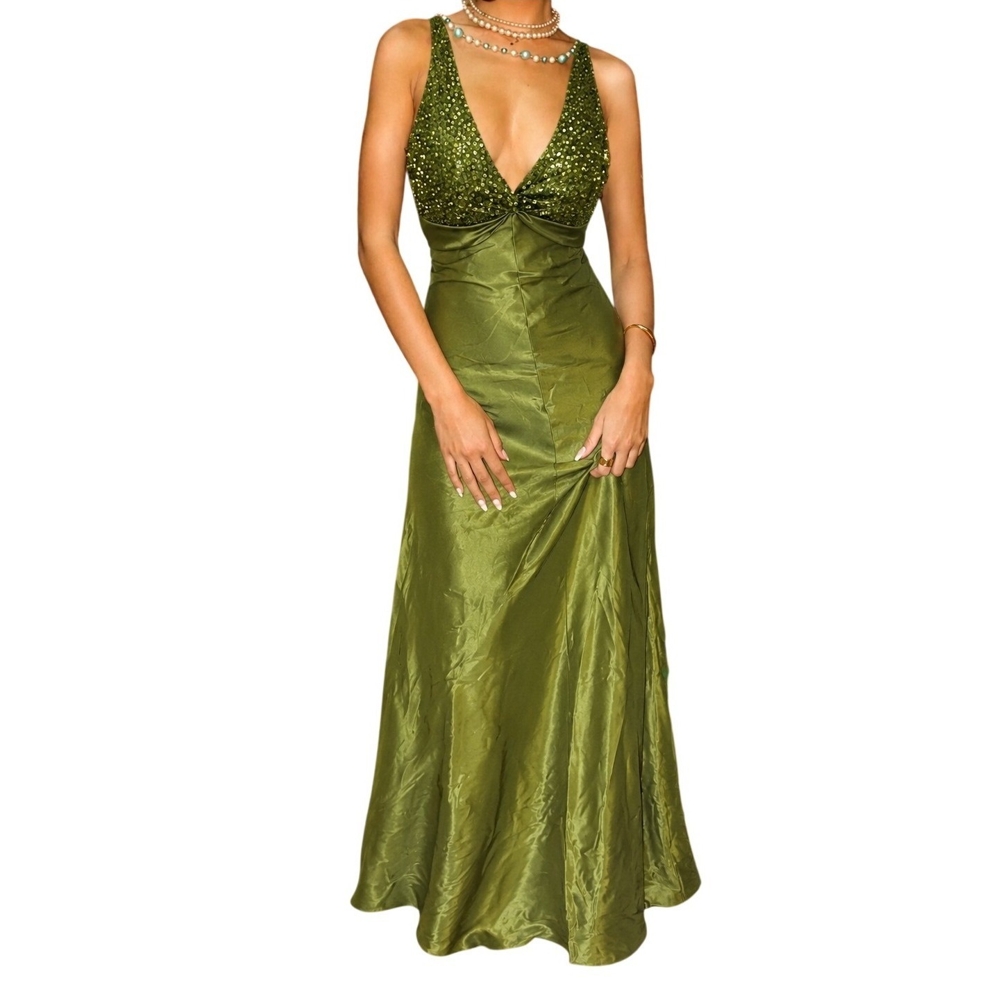 Vintage Y2k Cache Maxi Fairy Dress Size 2 Green Sequined Bodice Open Back Silk